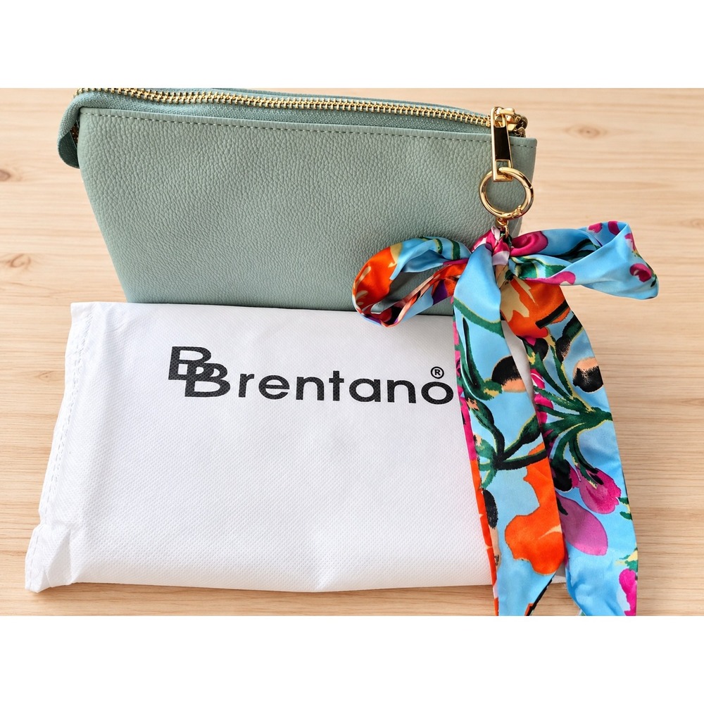 Brentano Opal Blue Pebbled Crossbody Wristlet Bag with Floral Scarf  NWT